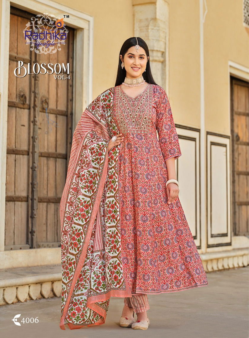 Blossom Vol 4 By Radhika Cotton Printed Long Kurti With Bottom Dupatta Wholesale Shop In Surat
